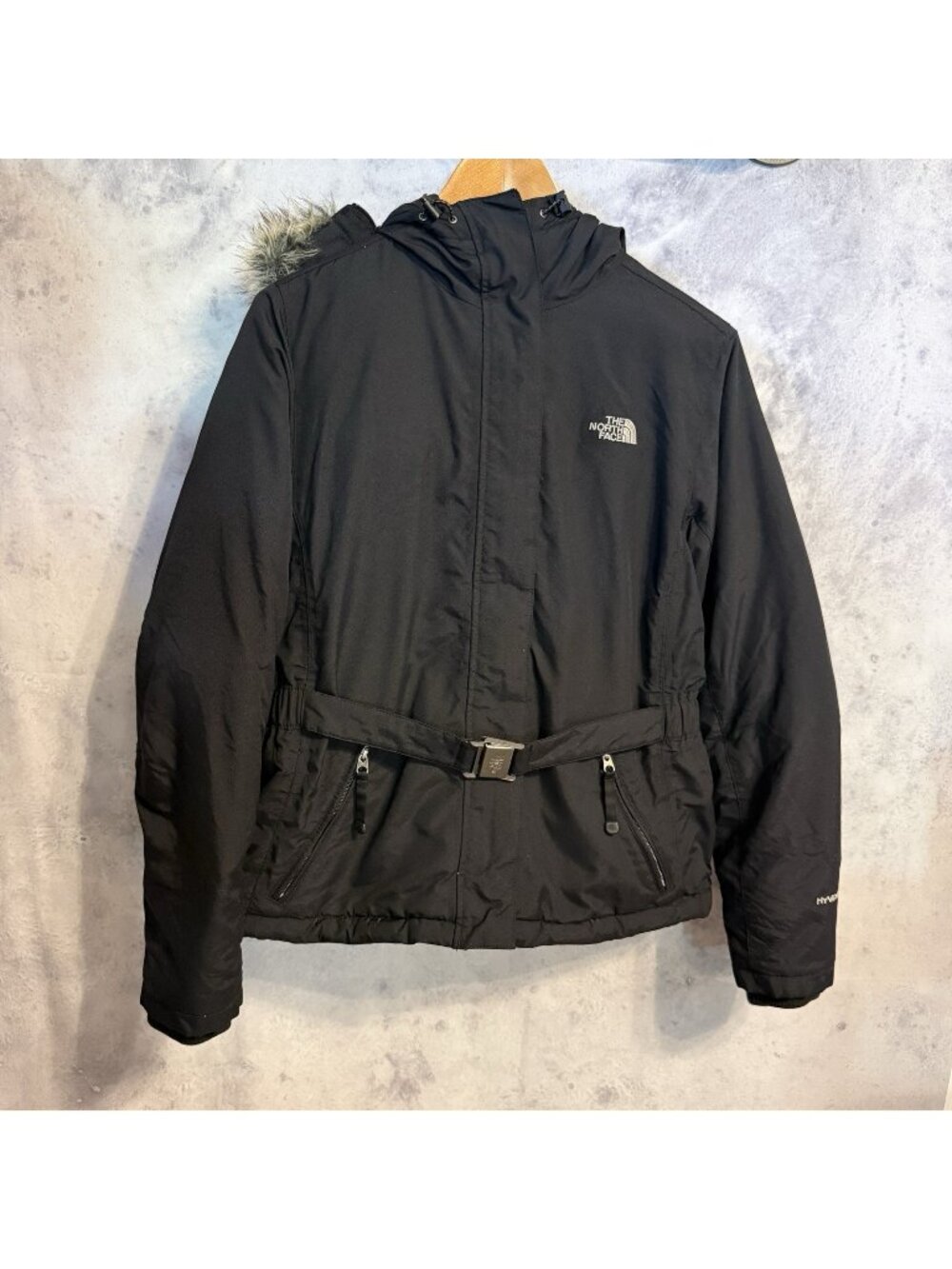 The North Face Womens Goose Down Jacket Black Faux Fur Hyvent Size Medium